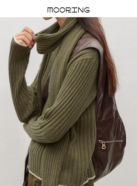 MOORING泊 绵羊毛半高领花纱慵懒显瘦坑条针织毛衣带围脖