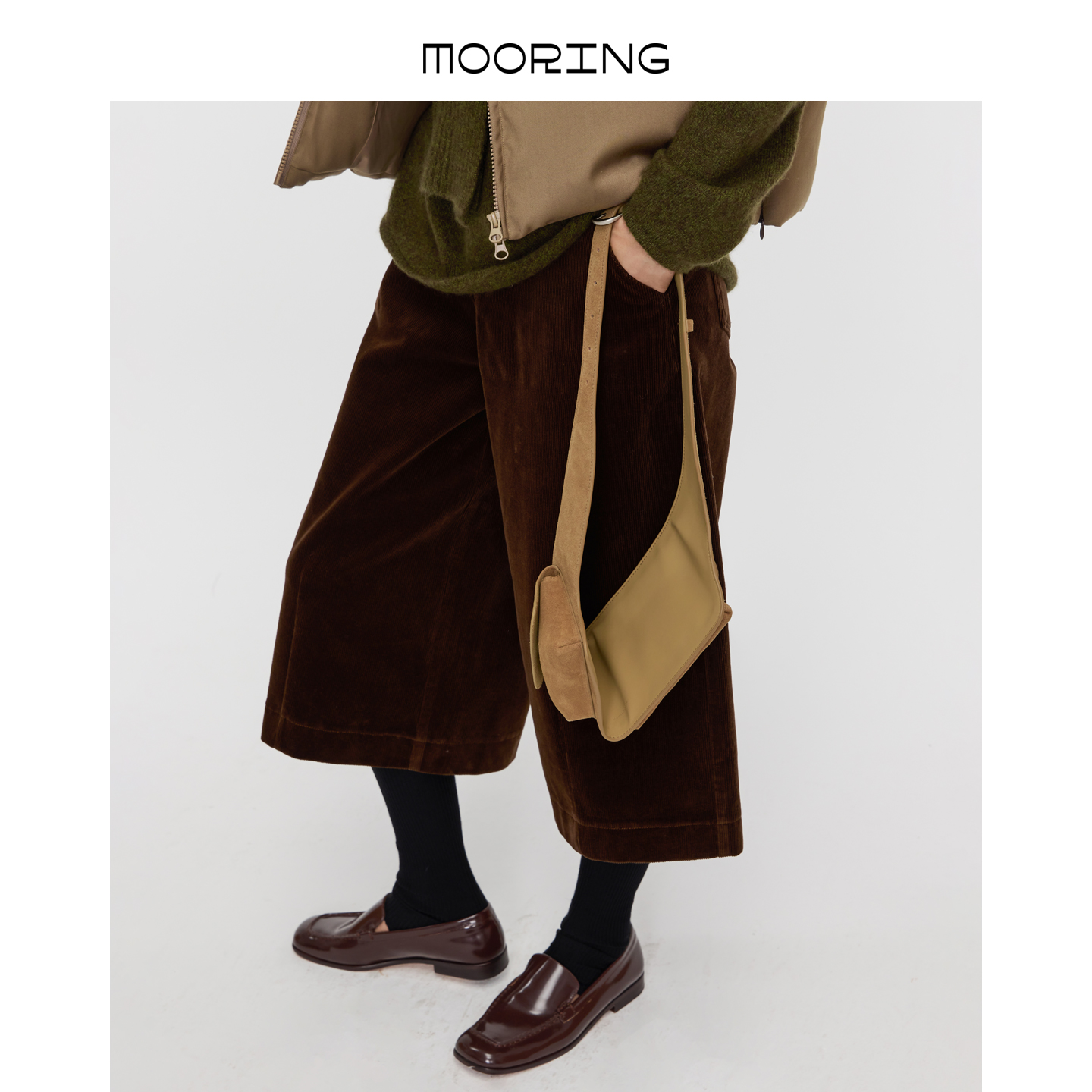 MOORING泊 复古灯芯绒阔腿裤高腰显瘦秋冬七分直筒裤小个子穿搭