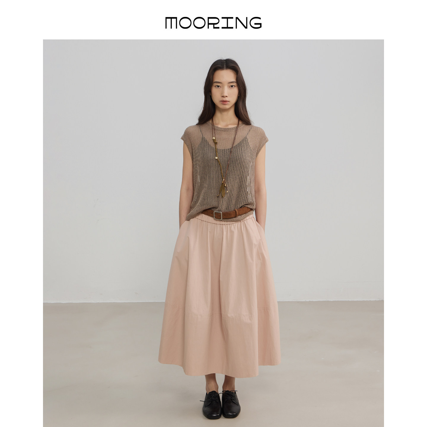 MOORING泊 A字大摆中长款伞裙松紧高腰日晒工艺纯棉半身裙女