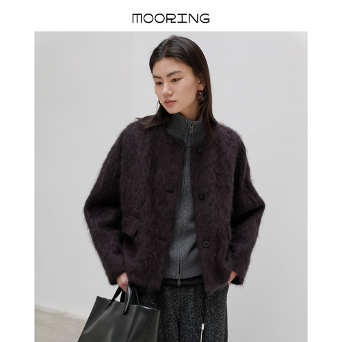 MOORING 复古绵羊毛圆领单排扣短款大衣落肩显瘦雾感外套女