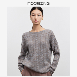 MOORING泊 100绵羊毛花纱无缝一体针织衫廓形慵懒圆领秋冬毛衣女