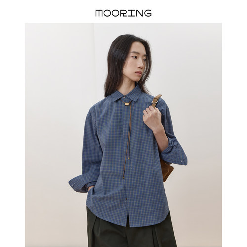 MOORING泊 100%精梳棉细格男友衬衫 宽松慵懒叠穿长袖上衣