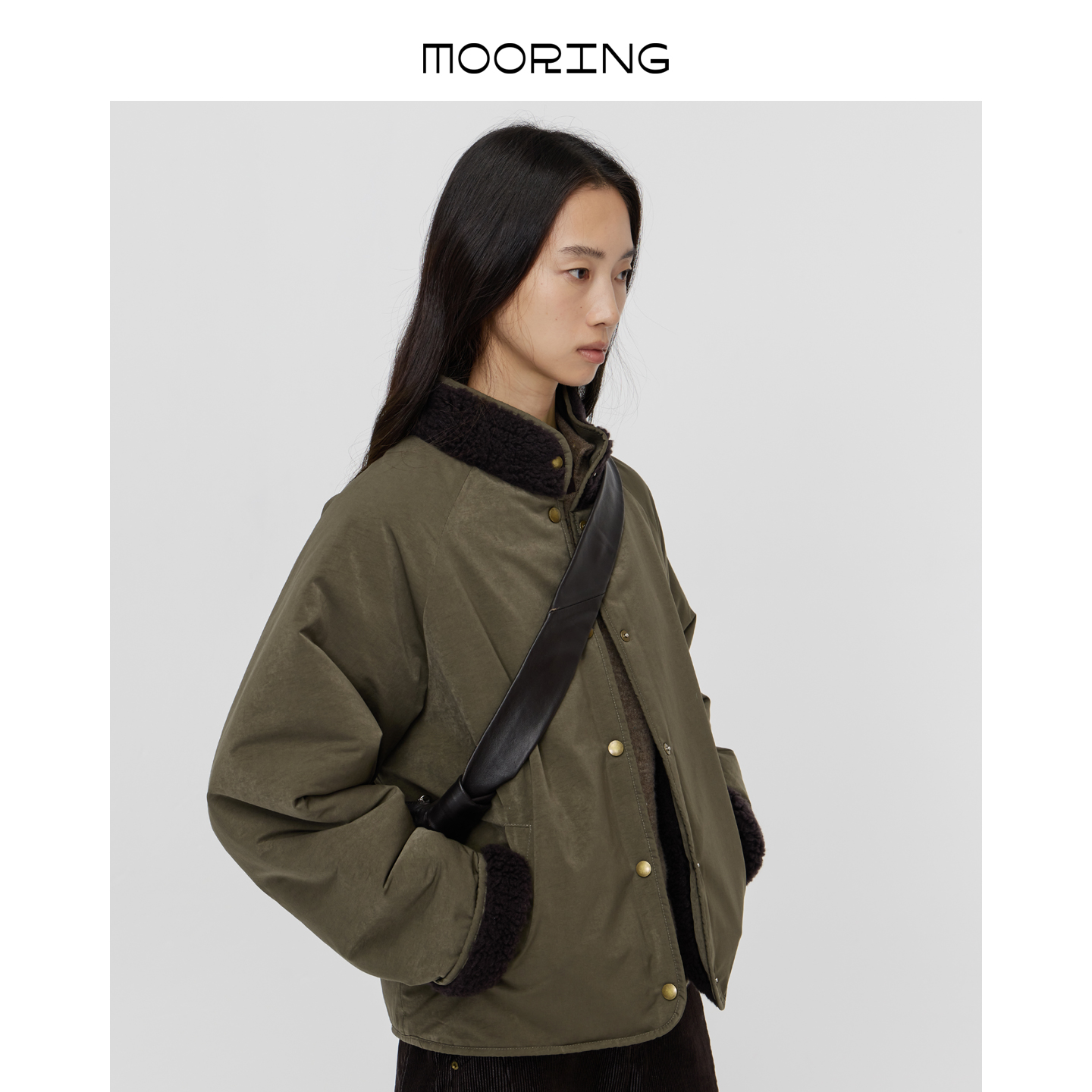 mooring巴恩风外套女短款双面穿军绿色羊毛棉袄保暖棉衣秋冬棉服