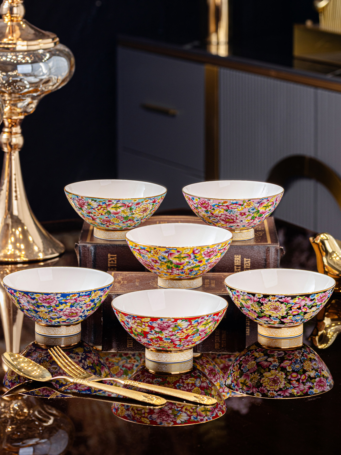 景德镇陶瓷餐具骨瓷中式宫廷风描金边乔迁礼品珐琅彩高脚斗笠饭碗