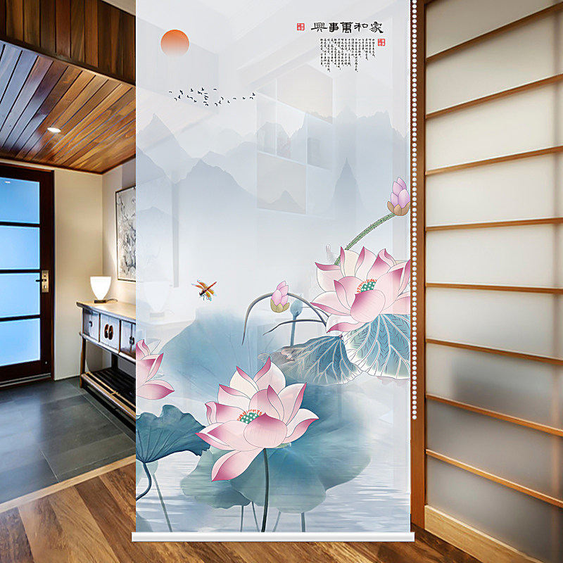 窗帘卷拉式自动升降卧室卷帘家用遮光办公室窗帘手拉式山水画隔断