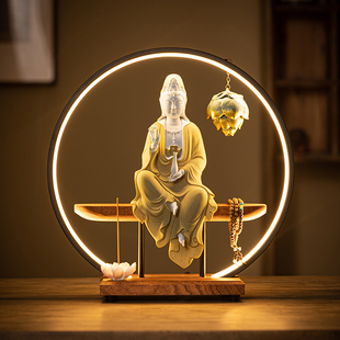 大号观音菩萨家用供奉观音佛像陶瓷摆件供家用观世音菩萨像背景灯