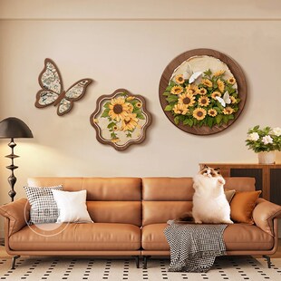 向日葵客厅装饰画奶油中古风沙发背景墙挂画法式复古高级感组合画