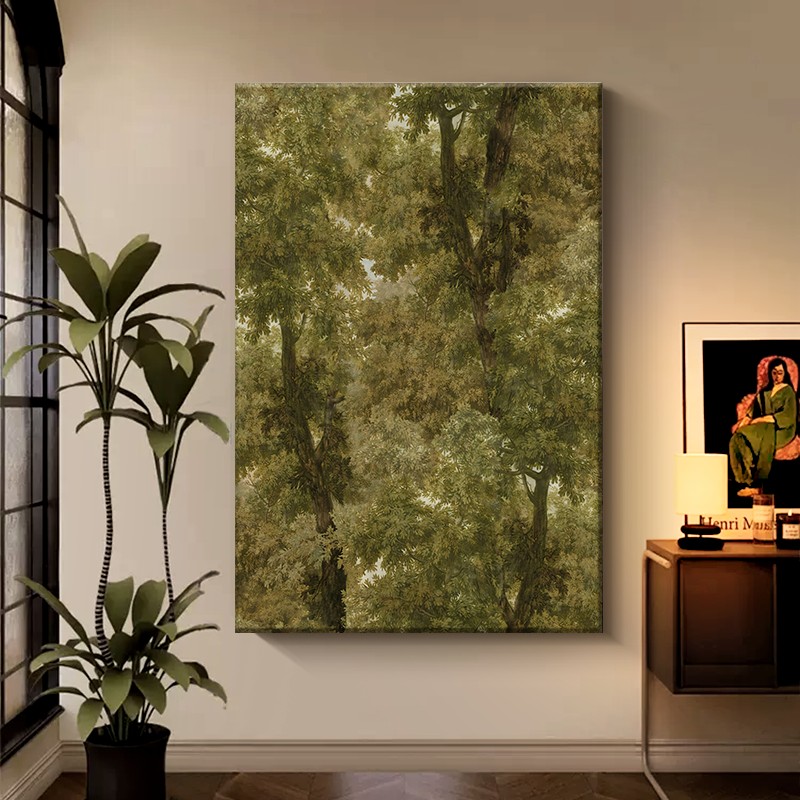 中古风玄关装饰画法式复古小众艺术客厅沙发背景大白墙壁挂画树木图片