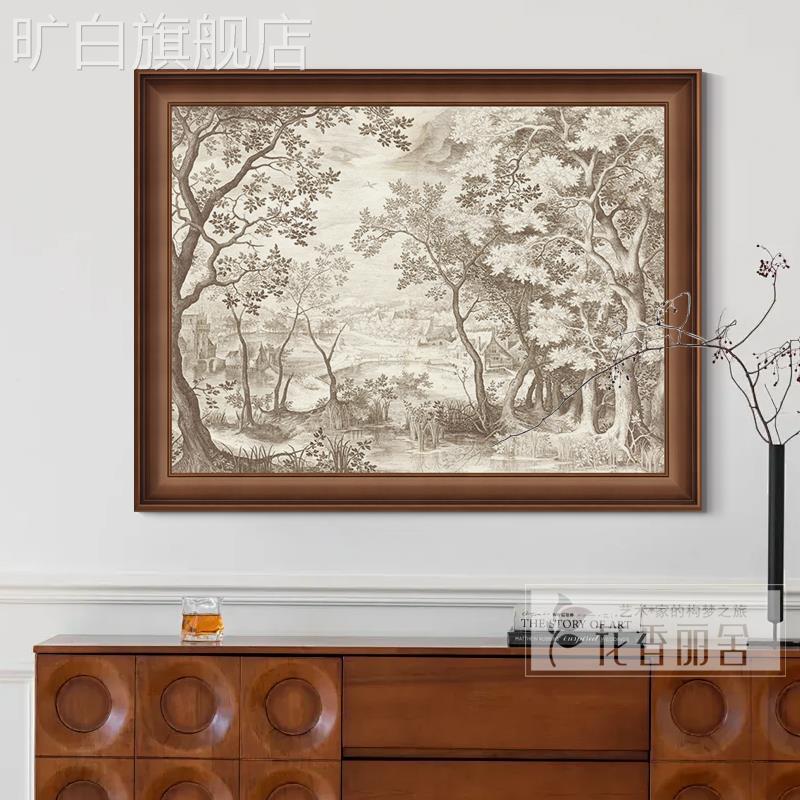 法式高级感素描风景客厅饭厅装饰画 画中古风玄关斗柜挂画 画卧室图片
