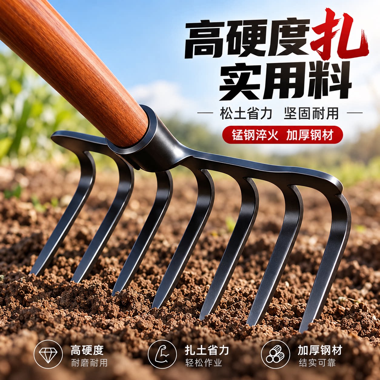 耙子九齿钉耙农具铁耙子#65锰钢翻土松土搂草多齿除草扒子平地耙