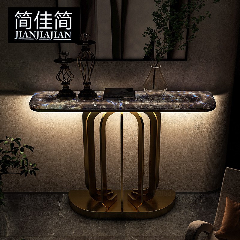 轻奢不锈钢发光玄关柜透光超晶石走廊入H户正对门靠墙装饰桌端景