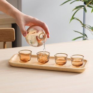 清酒壶分酒器 绿典 日式 竖条纹香槟色金边玻璃清酒具套装 一壶四杯