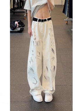 1995NVM白色涂鸦牛仔裤男直筒宽松阔腿美式高街弯刀裤子潮牌痞帅