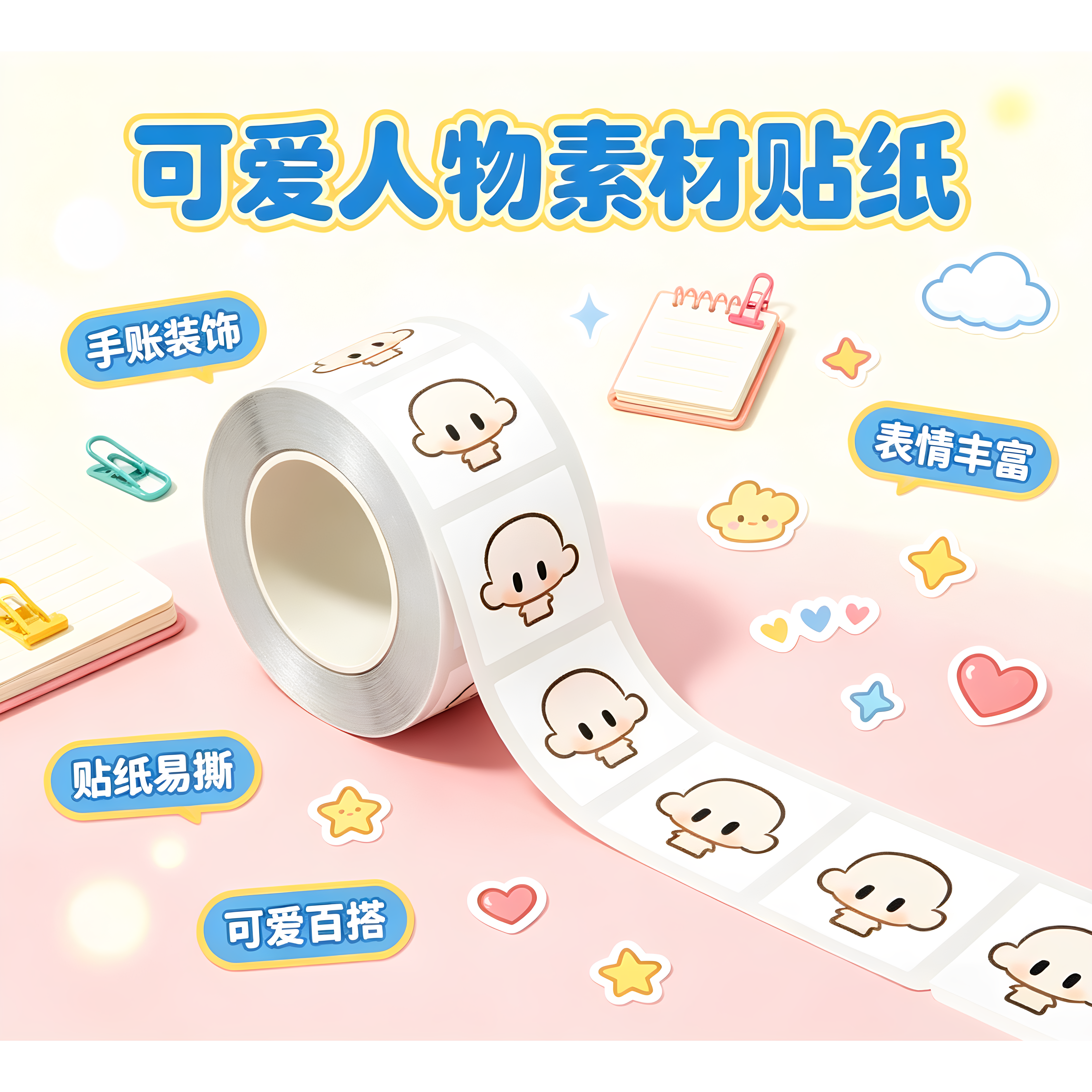 卡通可爱空白人头贴纸卷手账拼贴