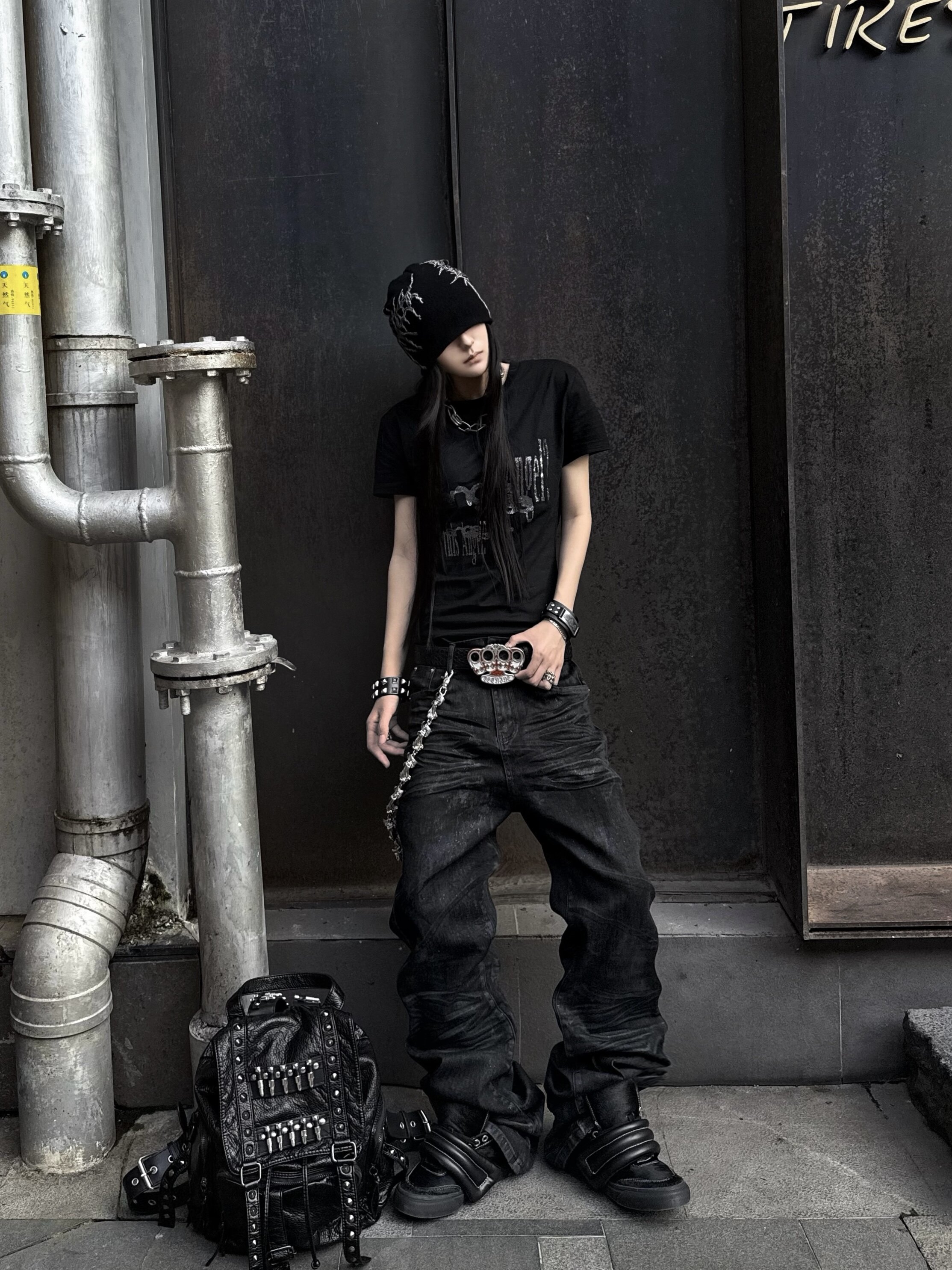 thumbnail for Youwillknow* Waxed glitter 3D pleated basic versatile dark straight-leg jeans