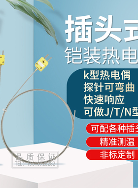 铠装热电偶WRNK-171插头式K型探针温度传感器E/T/J型耐高温可弯曲