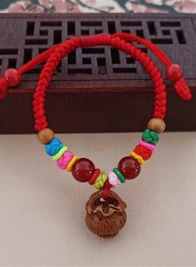 宝宝婴儿童桃核手串女款葫芦桃子核桃篮牛骨小花玛瑙五彩红绳手链