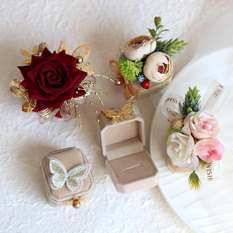 婚礼交换戒指盒创意森系中式红色小复古托盘新郎新娘结婚首饰盒