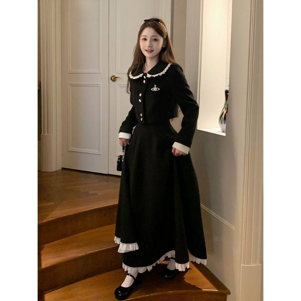 「甜心绑带」经典黑白撞色甜美外套+高腰显瘦长短半裙套装2025冬,女装/女士精品,时尚套装,淘宝优惠券,粉丝福利购,淘宝优惠卷