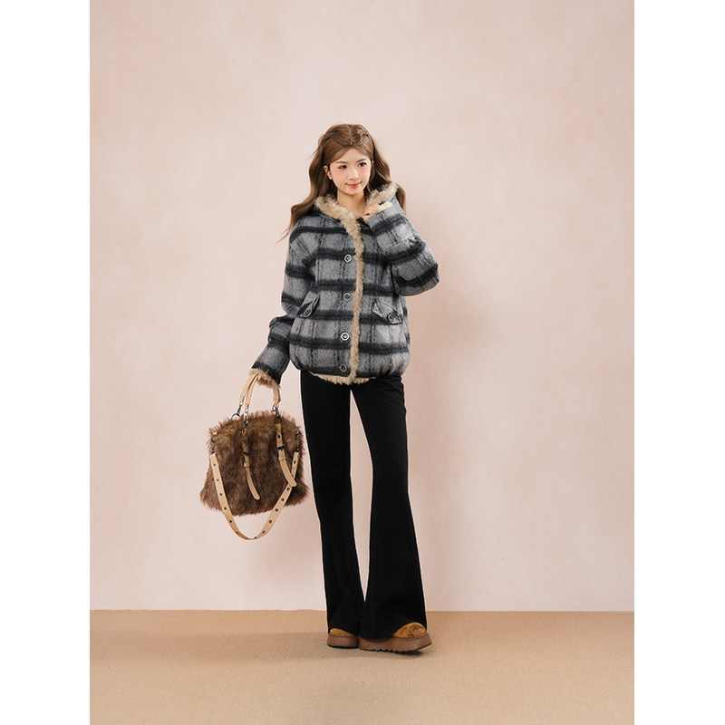 海上小画家 学院风海军领格子外套2025冬季宽松连帽毛领毛呢上衣,女装/女士精品,毛呢外套,淘宝优惠券,粉丝福利购,淘宝优惠卷