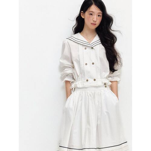 野梨秋信日系甜美学院风海军领上衣半裙套装小众显瘦通勤两件套女
