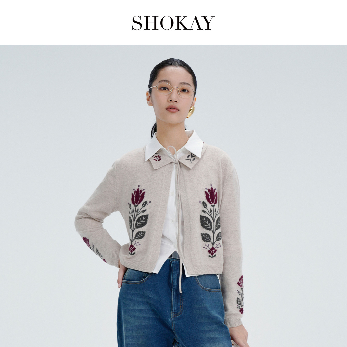 SHOKAY【高原花语】绵羊毛牦牛绒翻领系带花卉提花短款针织开衫