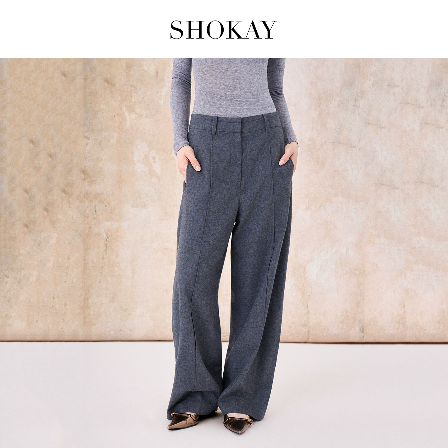 SHOKAY绣嘉【市野织间】女士阔腿牦牛绒磨毛西裤加厚高级感