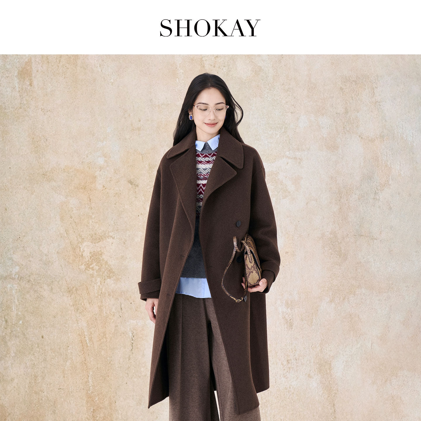 【董生活同款】SHOKAY绣嘉女士西装领100%牦牛绒双面呢大衣冬季暖