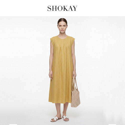 SHOKAY绣嘉女士圆领棉麻连衣裙