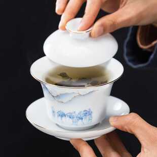 羊脂玉瓷茶忆千里江山茶具海浪羊脂玉瓷茶壶盖碗茶具礼盒大套装