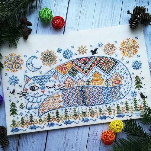 跨境Winter Town Cat Cross Stitch Kit冬日小镇猫咪十字绣套件