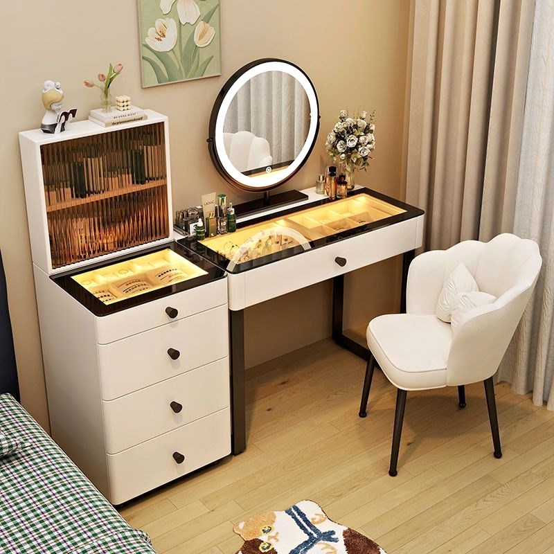 2024爆款奶油风全实木梳妆台现代简约桌斗柜收纳V一体全景氛围灯