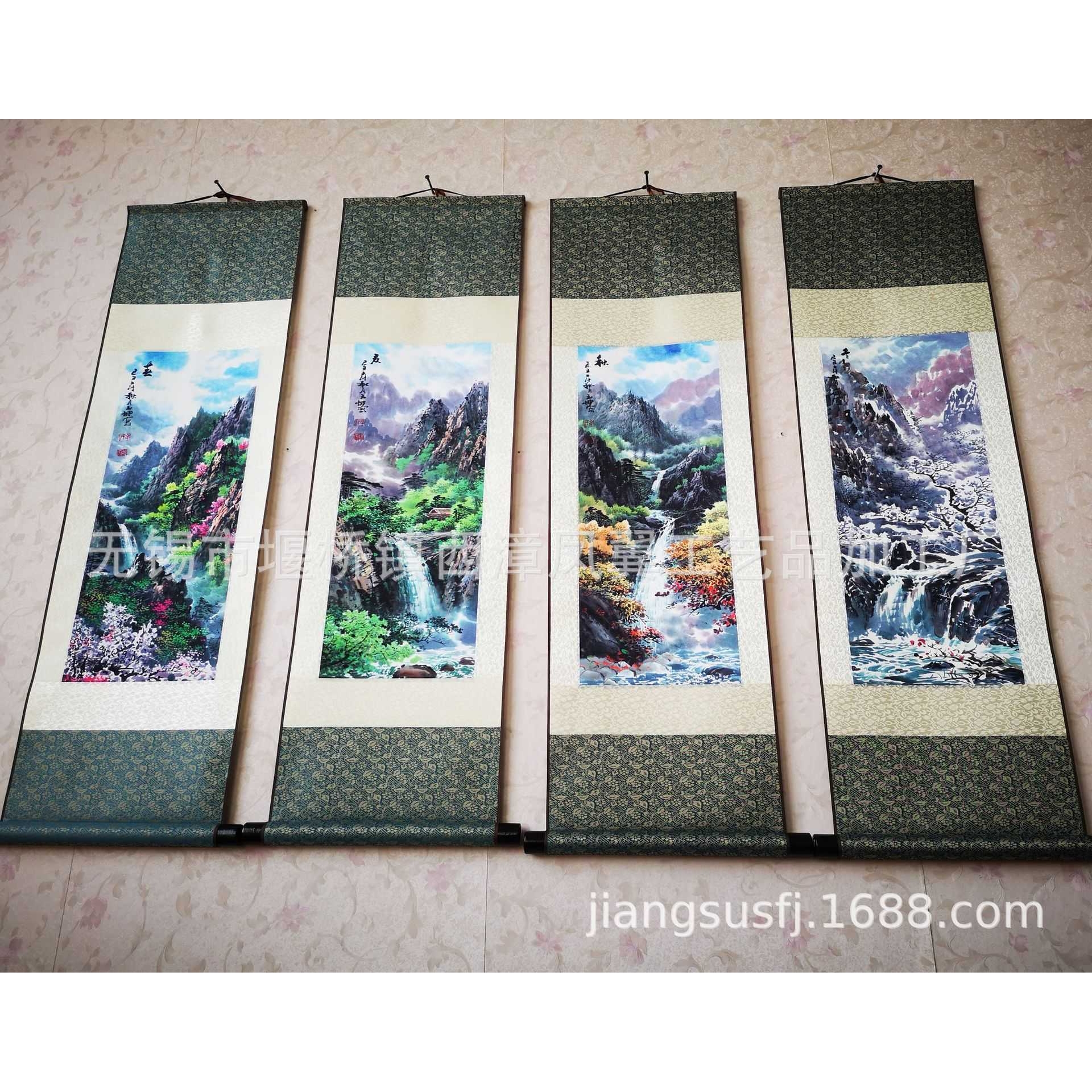 家居装饰  工笔四条屏   四季轮回春夏秋冬  丝绸卷轴画 挂画制作