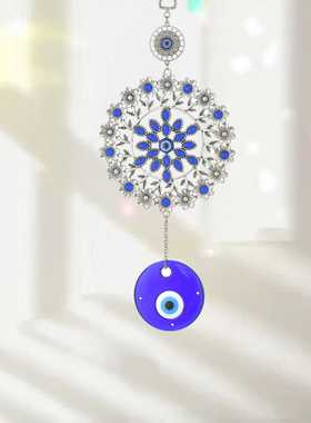 跨境高级感圆形雪花花盘风铃蓝色镂空风铃挂件家用装饰挂饰