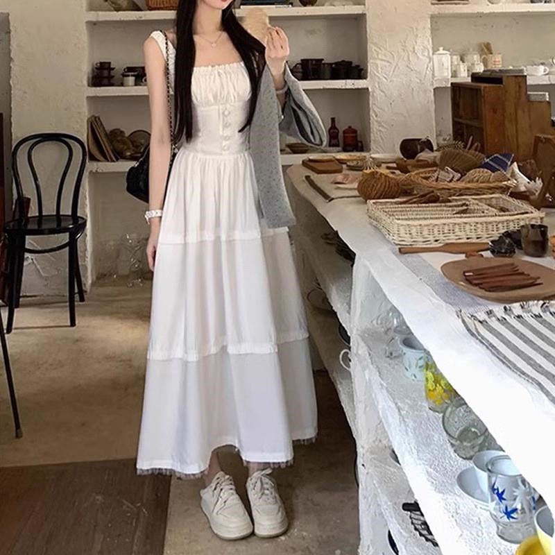 蝴蝶结方领白色吊带连衣裙女夏法式气质初恋小白裙度假风收腰长裙