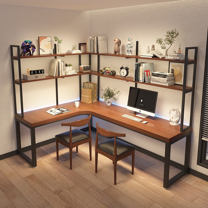 转角实木书桌双人电脑台式桌简约家用L型靠墙书柜书架一体学习桌