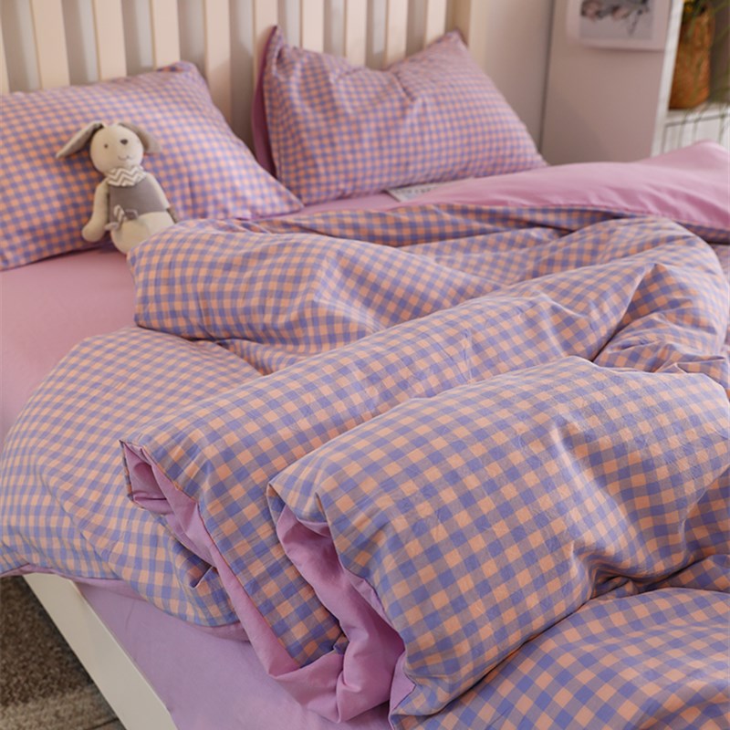 少女水洗棉紫e色格子床上四件套1.8米全棉床单被套宿舍1.5m三件套