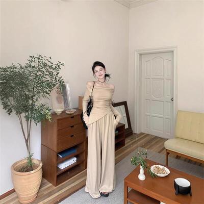 高级感气质套装女2025新款秋冬季一字肩长袖上衣阔腿长裤子两件套