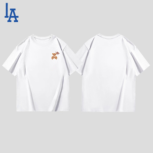 LA短袖 宽松百搭印花上衣白色 T恤男女情侣落肩袖