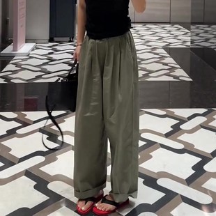 设计感百搭通勤直筒裤 军绿色休闲褶皱阔腿m裤 时尚 女2025夏季 新款