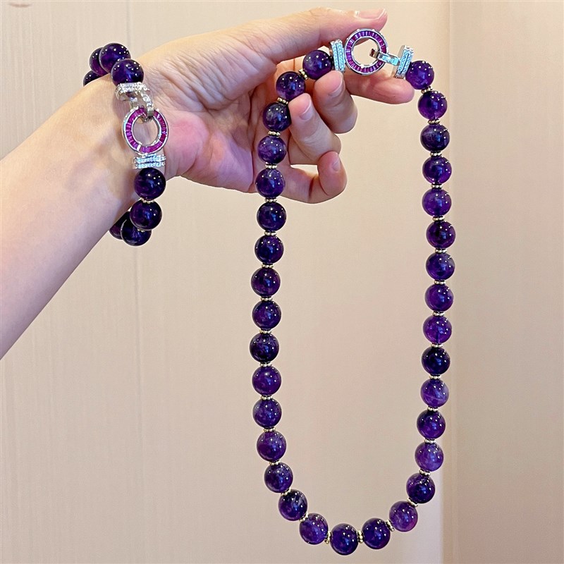 12mm大颗粒精品皇家葡萄紫天然紫水晶项链水晶串珠锁骨链礼物