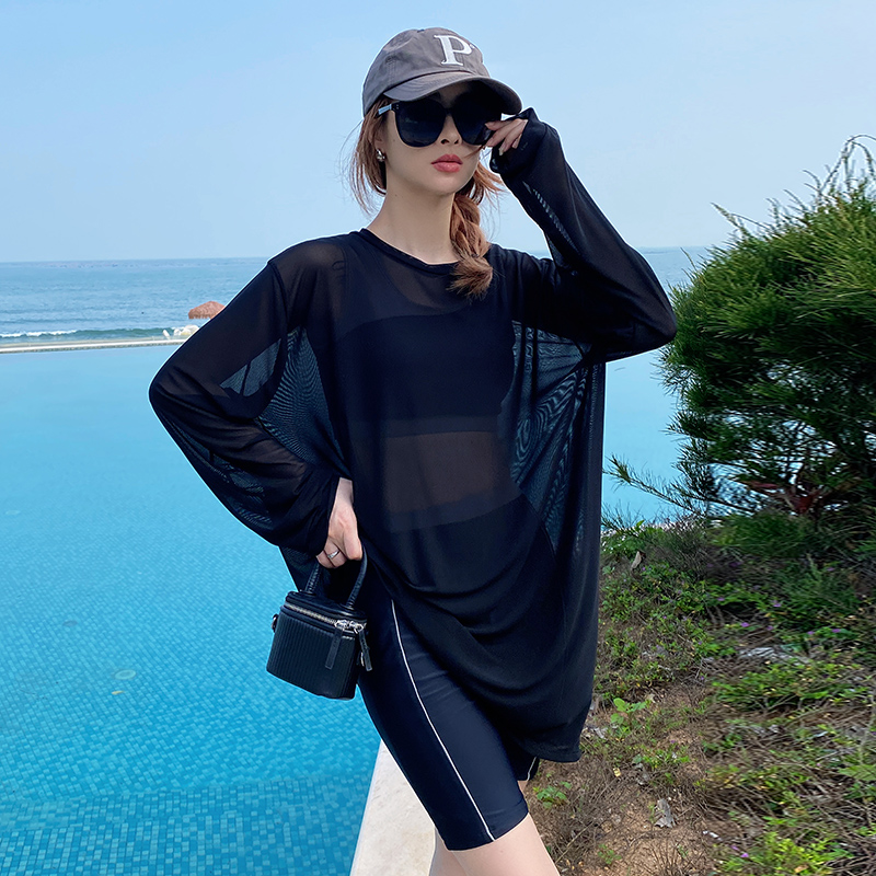 分体式女泳衣遮肚子大码微胖女y孩三件套长袖罩衫遮肉运动5五分裤