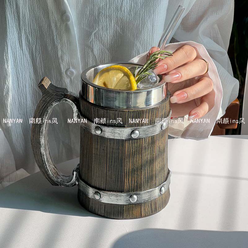 外贸仿真木桶啤酒杯KTV酒吧大容量扎啤杯创意不锈钢水杯果茶杯