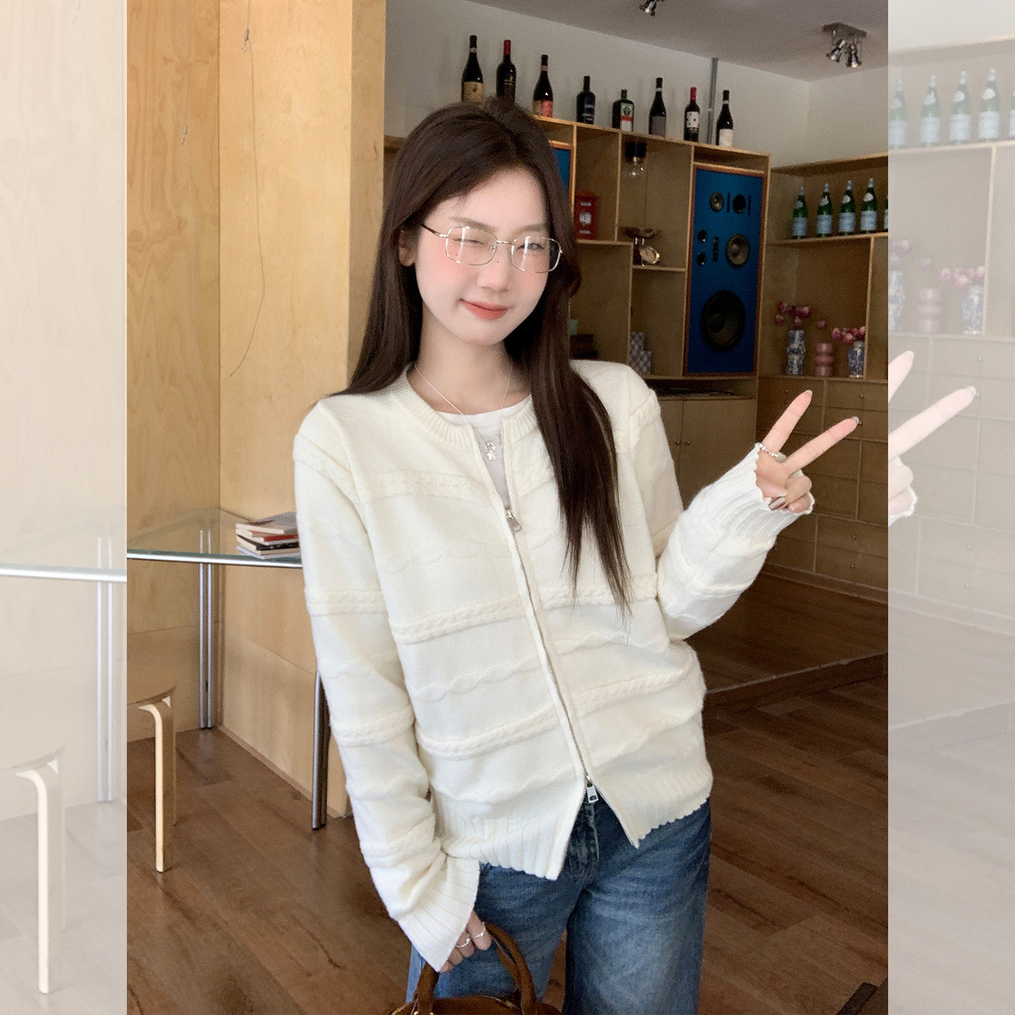 白色慵懒感拉链开衫外套