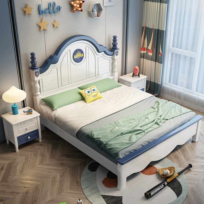 美式蓝白儿童床现代简约1米2单人1.5实木床1米35男孩高箱储物小床