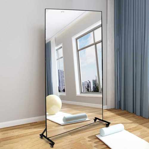 可移动滑轮镜子全身落地镜健身家用瑜伽运动立式穿衣金属舞蹈跨境