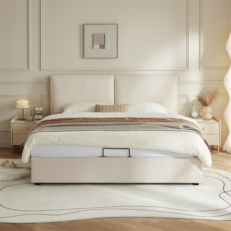 林氏家居现代简约悬浮大象耳朵储物主卧双人真皮床林氏木业PC038