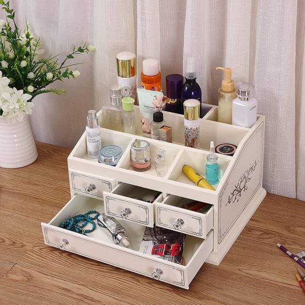 ??IB9B抽屉式木质首饰置物架大容量桌面美甲柜欧化妆护肤品梳妆台