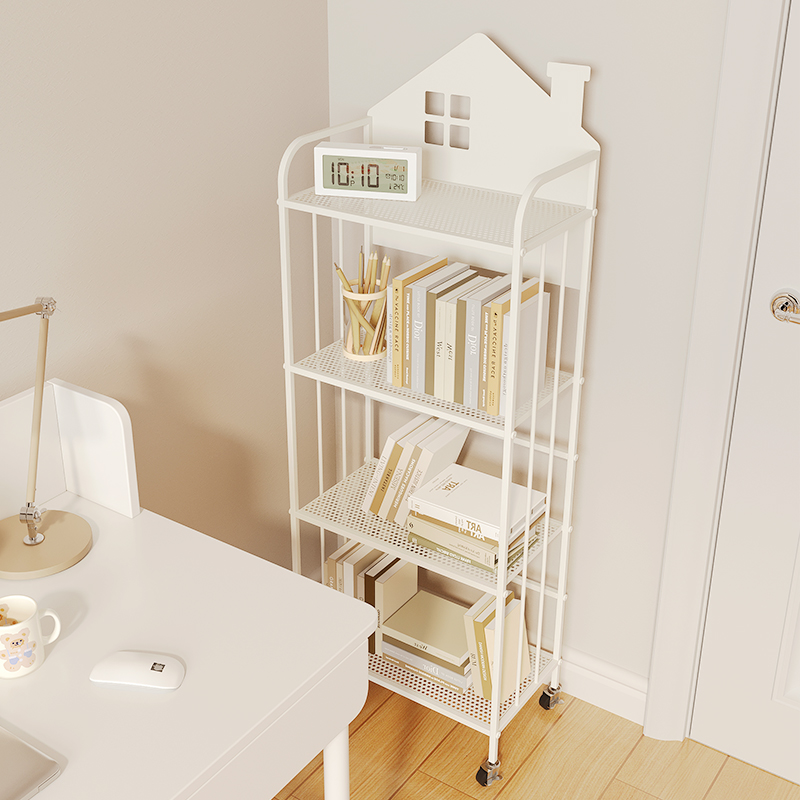 奶油风小房子桌边儿童放书包置物架可移动铁艺书架带轮落地书柜