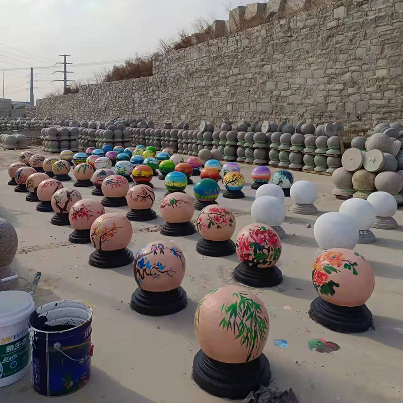 花岗岩石球挡车路障彩绘圆球大理石石墩子天然车挡石芝麻灰车止石